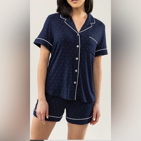 Cozy Earth Stretch-Knit Shorts Bamboo Pajama Set Navy Mini Dot